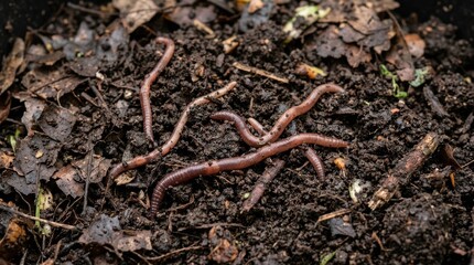 Fototapeta premium Close up of red wiggler earthworms in dark compost soil. Vermicomposting process with decaying leaves and organic matter