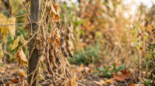Dry mature bean pods hanging on a withered vine in an autumn garden. Close up of ready to harvest seeds tied to a wooden stake