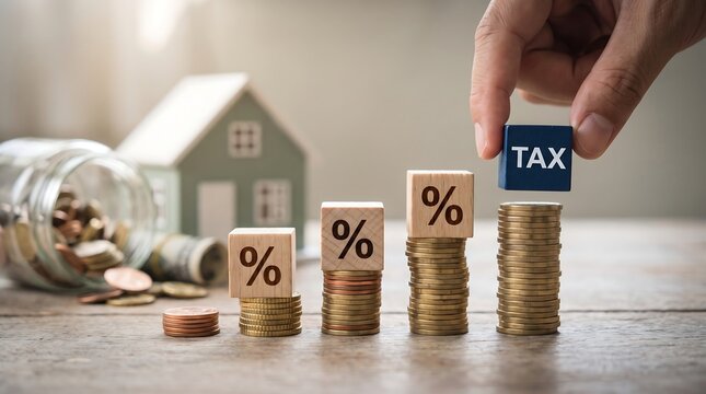 Hand placing blue block with word tax on stack of coins topped with percentage blocks symbolizing rising interest rates and financial growth for property investment.