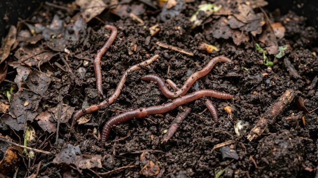 Close up of red wiggler earthworms in dark compost soil. Vermicomposting process with decaying leaves and organic matter
