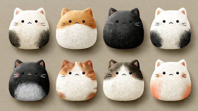 Eight hand drawn kawaii cat illustrations with varied fur colors and patterns