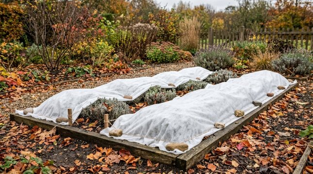 Raised garden beds covered with white frost protection fabric. Winter plant covering secured with stones and string in an autumn garden