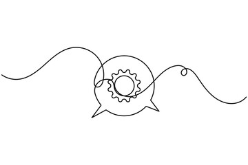 Obraz premium Communication gear in speech bubble sign continuous one line drawing on white background minimalist single art technology feedback for message and comment symbol editable outline vector illustration
