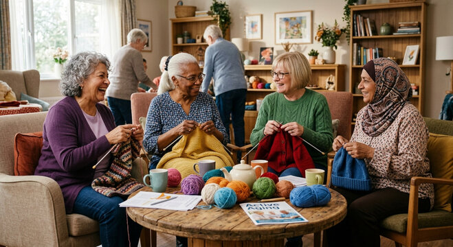 Group of Diverse Senior Women Enjoying Knitting Circle and Socializing in a Cozy Community Center
