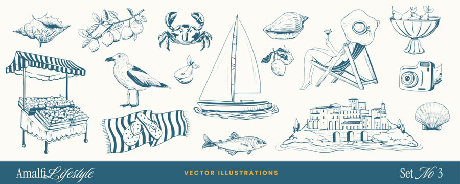Amalfi coast summer doodle sketch icons with wine, lemons, ice cream and Italian food elements. Hand-drawn sea French vacation vintage rest vector art for menu, beach party and invitation card design