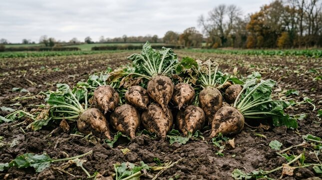Pile of freshly harvested sugar beets with green leaves on muddy soil. Raw root vegetables in an agricultural field
