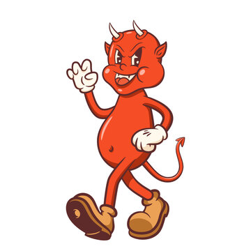 Halloween Groovy Red Funny Demon Retro Character. Cartoon Spooky Devil in Boots Walking and Smiling. Vector Autumn Holiday Imp Mascot Template. Happy Vintage Cool Monster Illustration Isolated