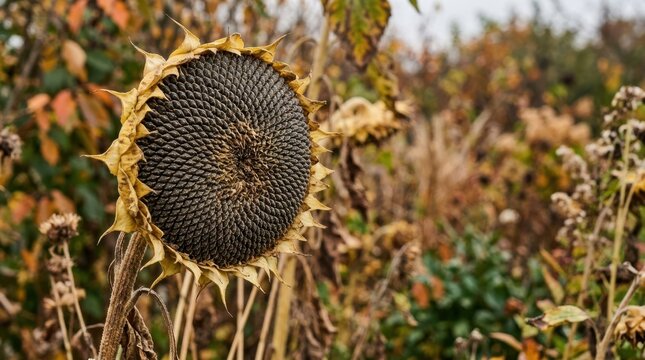 Dried sunflower head full of dark seeds in an autumn garden. Close up of withered flower at the end of the season