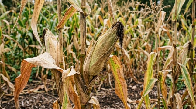 Mature ears of corn on dry stalks in an autumn field. Close up of sweet corn ready for harvest
