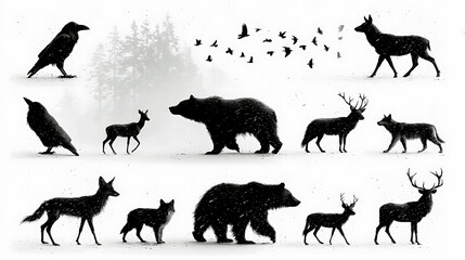 Naklejka premium Animal silhouettes against a blurred forest background hand drawn style