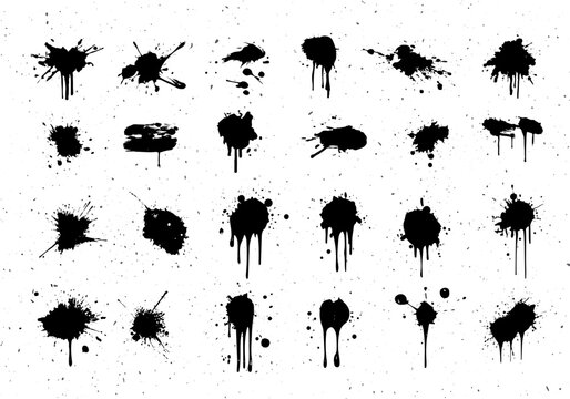Abstract Grunge Paint Splash Ink Drips Illustration Set. Spray Blots Graphic Elements Black Graffiti Ink Splatter Brush Strokes Vector Inkblot Spots Collection. Inky Texture Dirty Dusty Liquid Blobs