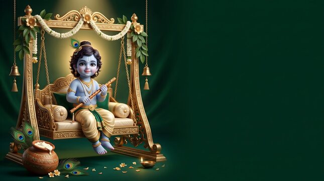 Little lord krishna sitting on a decorative golden swing for janmashtami celebration