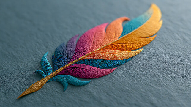 Colorful feather with gradient hues rests on a textured surface