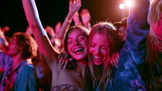 Young women enjoying music festival, embracing and laughing under vibrant magenta and purple stage lights