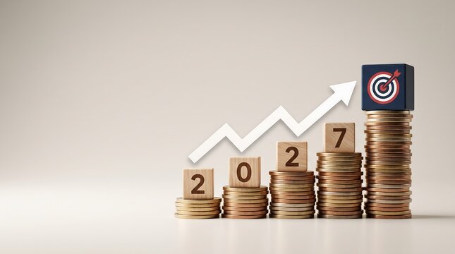 Wooden blocks showing year 2027 stand on coin stacks with growing arrow chart pointing to target block over light background representing financial growth planning.