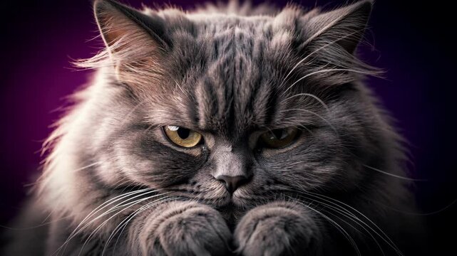 Longhaired Gray Cat Portrait on Dark Purple Background.