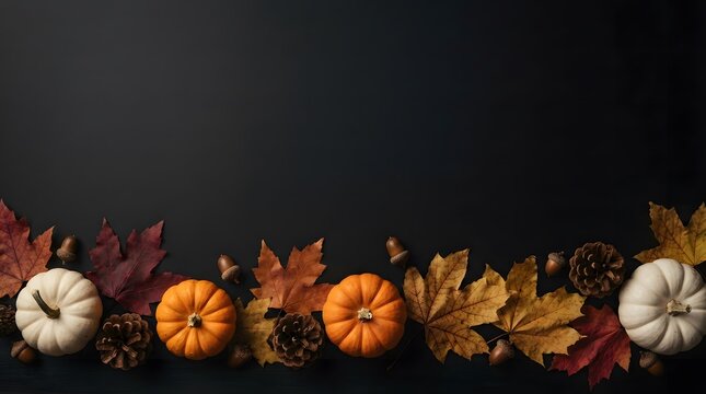 Autumn background with decorative pumpkins and colorful fall leaves on a dark rustic wooden surface