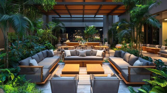 Modern luxury outdoor lounge area featuring plush grey sofas wooden tables and lush tropical plants under a contemporary timber roof