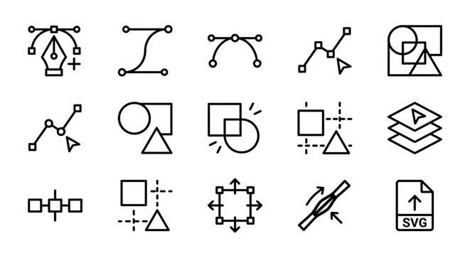 Vector path editing and shape combination outline icons representing digital layout creation features.