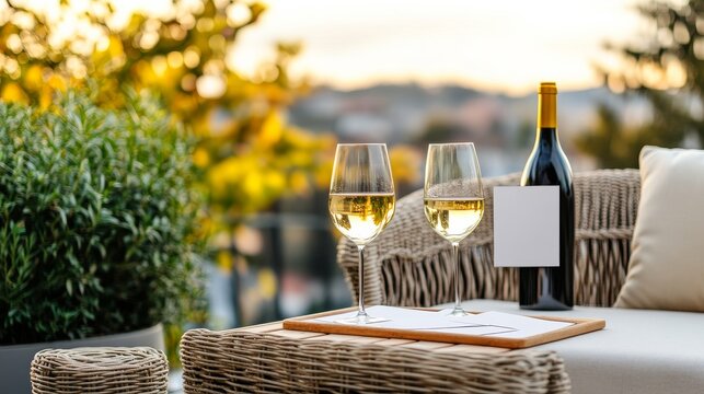 Wine Tasting Setup Rooftop Lounge Blank Labels Wine Outdoo, digital innovation, artificial intelligence and connected business technology