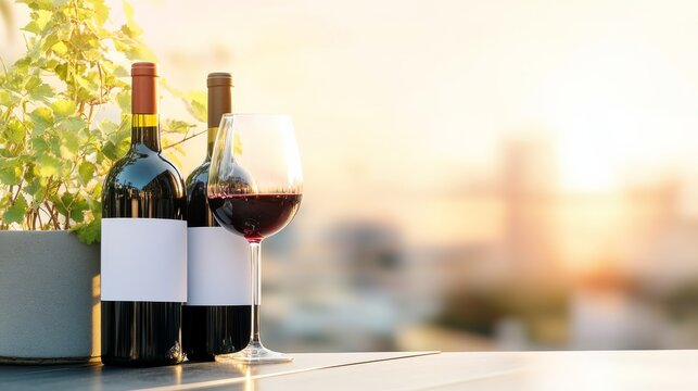 Wine Tasting Setup Rooftop Lounge Blank Labels Wine Outdoo, digital innovation, artificial intelligence and connected business technology