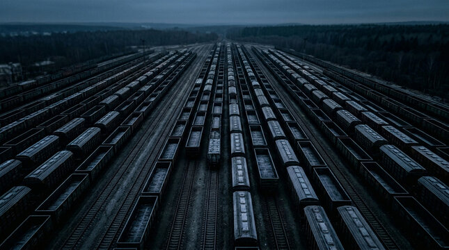 Terminal Grid - High-altitude drone photograph of unlabelled frozen cargo wagons in a massive industrial yard