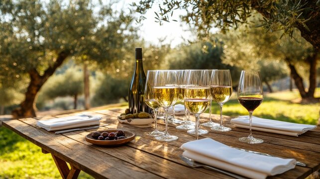 Wine Tasting Setup Under Olive Trees Wooden Table Wine Outdoo, digital innovation, artificial intelligence and connected business technology