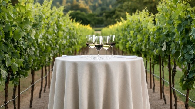 Wine Tasting Table With Neutral Linen And Vines Wine Outdoors, digital innovation, artificial intelligence and connected business technology