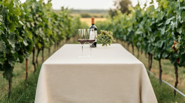 Wine Tasting Table With Neutral Linen And Vines Wine Outdoors, digital innovation, artificial intelligence and connected business technology