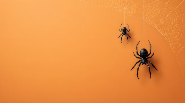 Two small spiders crawling on a solid orange background viewed from above with copy space