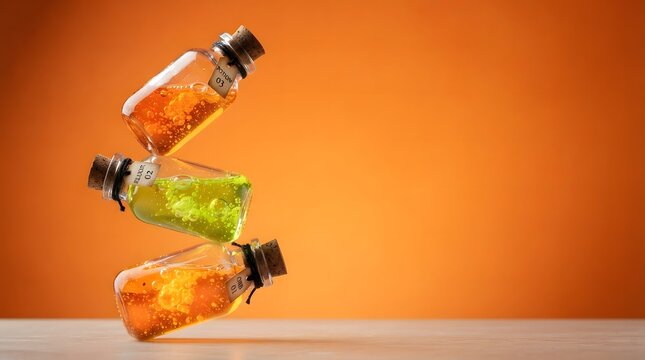 Three colorful small plastic bottles stacked in a precarious balance on a vibrant orange studio background