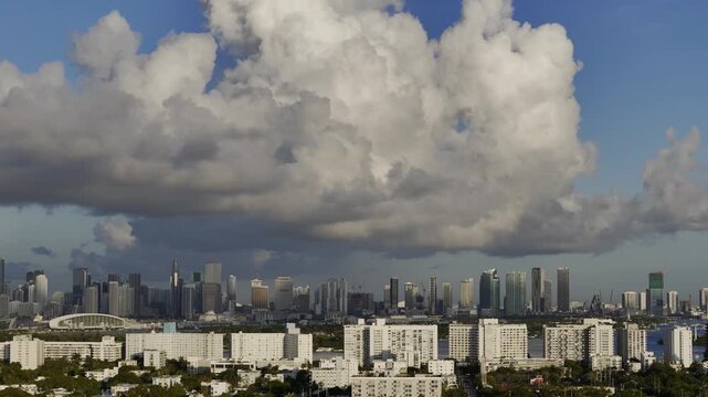 Aerial view of Venetian Islands and Miami skyline over Biscayne Bay at sunrise, Florida, USA. g.