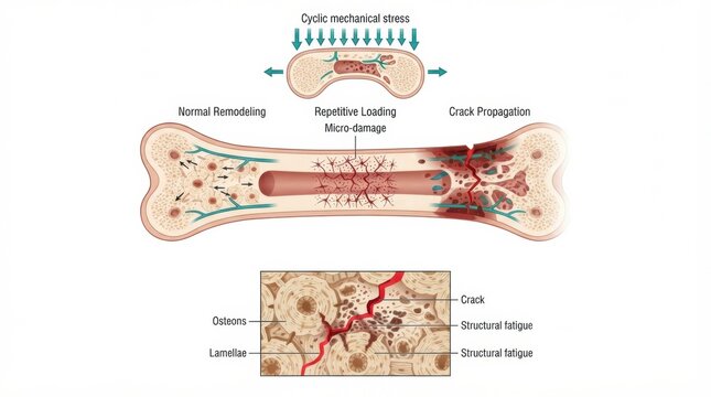 This visual shows how cyclic stress causes micro-damage in bones, illustrating remodeling and structural fatigue.