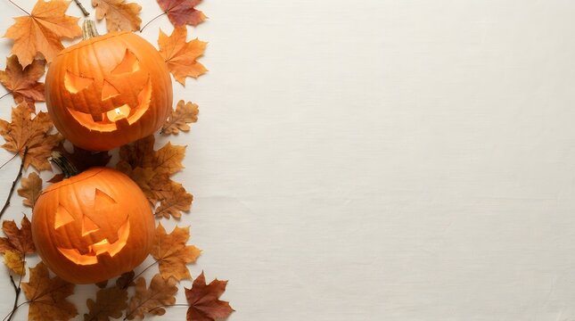 Two glowing carved jack o lanterns with autumn leaves on a plain white background for halloween