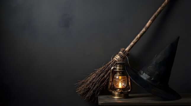 A magical wooden wand resting next to a glowing vintage lantern and a black witch hat