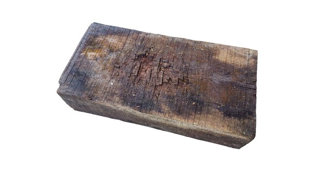 Close-up of old wooden isolated on white background. Old wooden trough traditional obsolete equipment in isolated village. use for cutting meat or beef bones