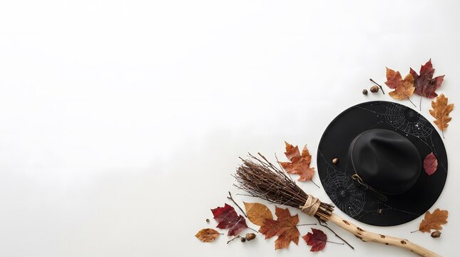 Black witch hat and decorative broomstick surrounded by colorful autumn leaves on a white background