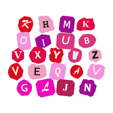 Set of colorful ransom note alphabet letters cut from magazines on bright pink and red paper shapes