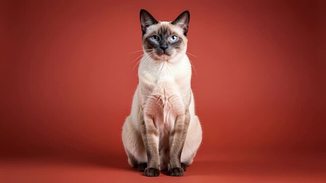Siamese Cat Studio Portrait on Red Background.