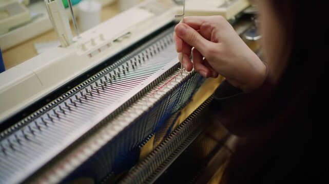 Woman working with manual knitting machine to create professional textile product.