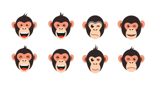 Collection of eight expressive monkey faces with various emotions and expressions.
