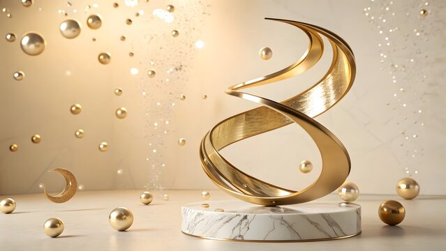 Elegant golden abstract trophy sculpture with marble base and floating spheres