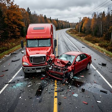 Dramatic head-on vehicular crash involving red semi-truck and sedan on wet autumn road with broken glass.