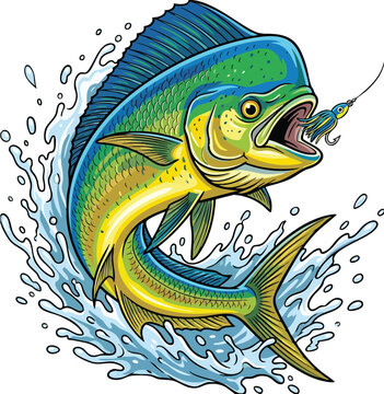 Mahi Mahi Fishing Sticker Design - Jumping Dolphinfish with Lure and Hook Vector Art, Sport Fishing Mascot For T-Shirts and Merch