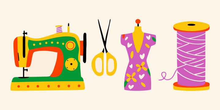 Vintage sewing machine scissors dress form and spool of thread illustration