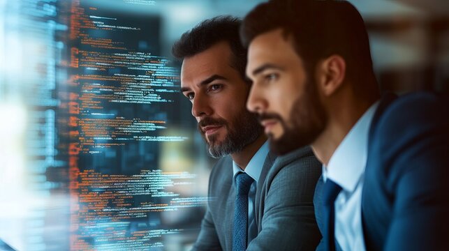 Focused male professionals in business suits analyze complex digital data streams displayed on a large glowing transparent holographic screen display