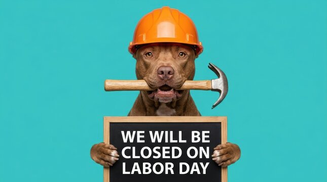 Cute dog wearing a construction helmet holding a hammer and a sign that says we will be closed on labor day against a blue background