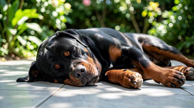 Sleeping Rottweiler on Sunny Garden Patio.