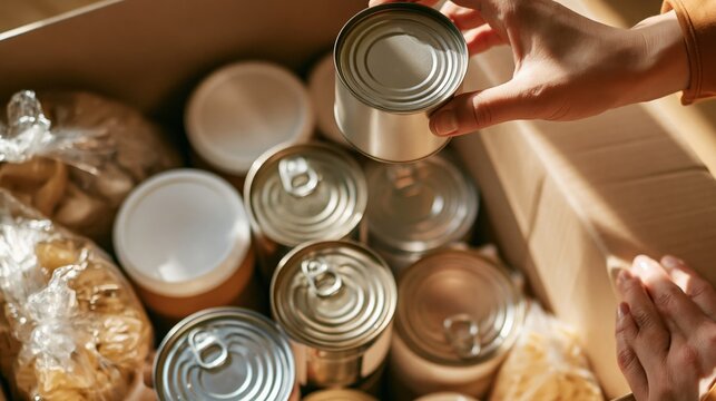 Hand placing canned food in a donation box, contributing to community support and hunger relief efforts