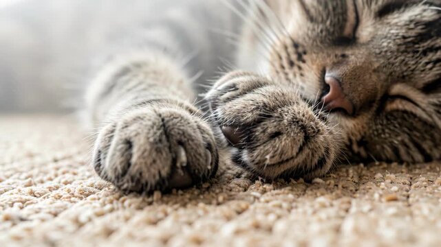 Sleeping Tabby Cat Paws Close Up Texture.